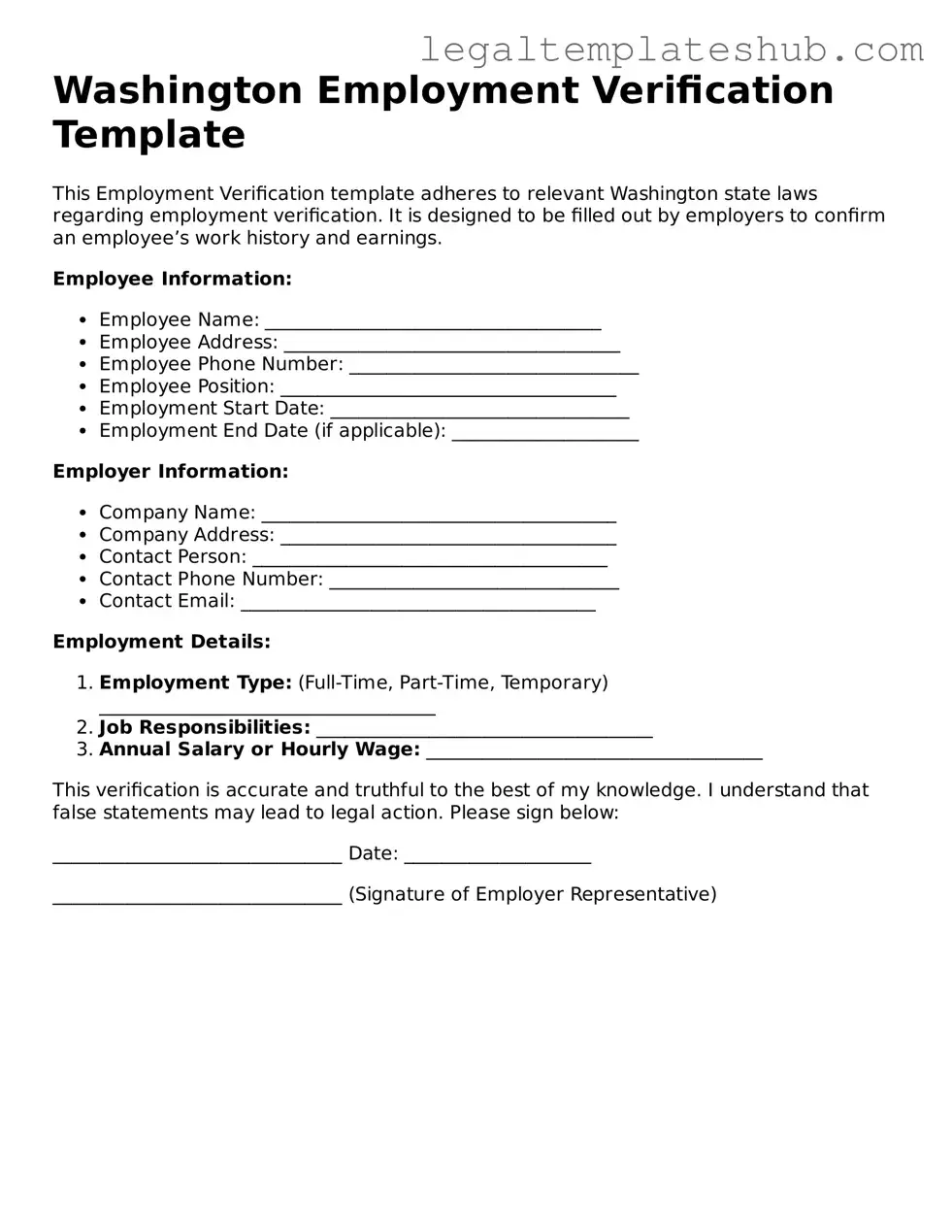 Printable Employment Verification Document for Washington