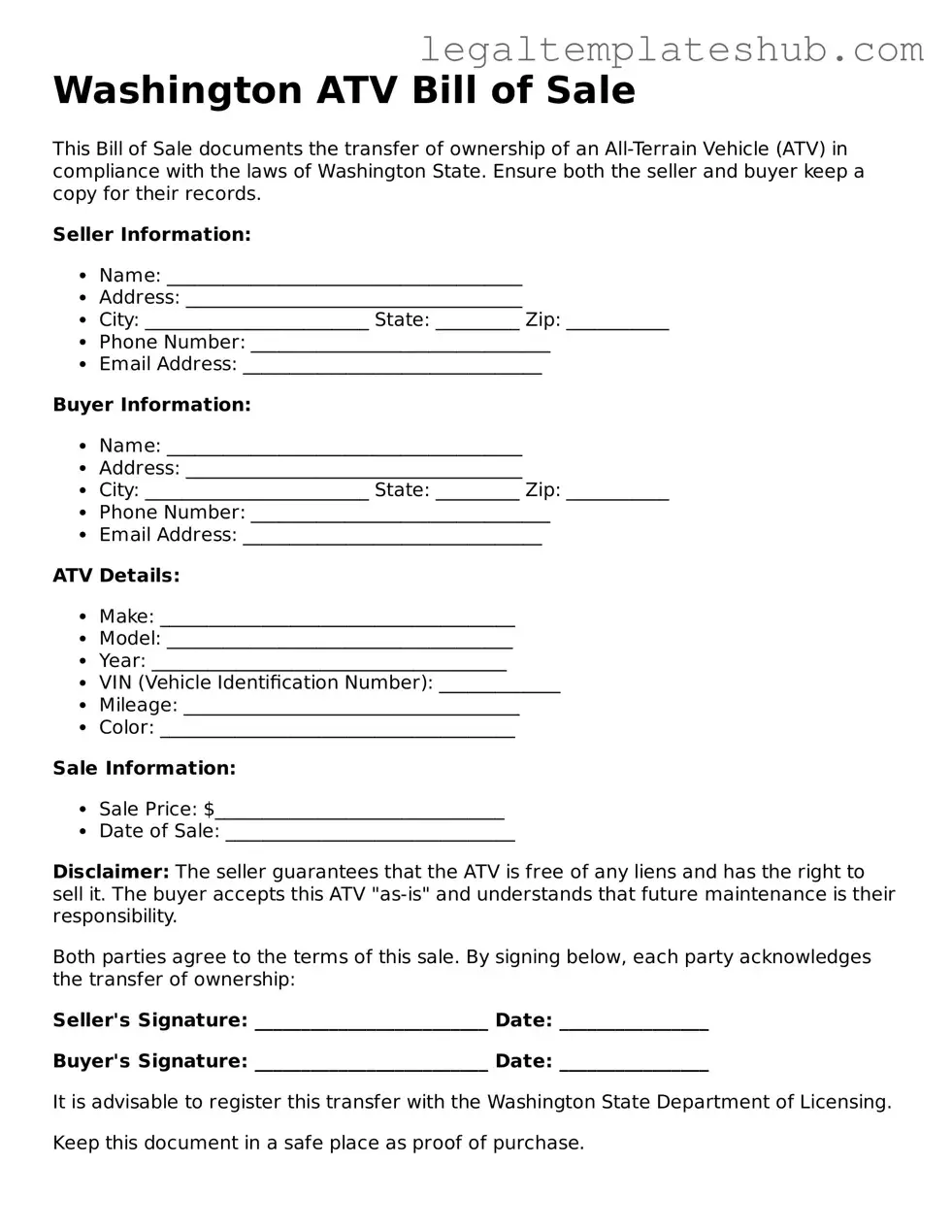 Printable  ATV Bill of Sale Document for Washington