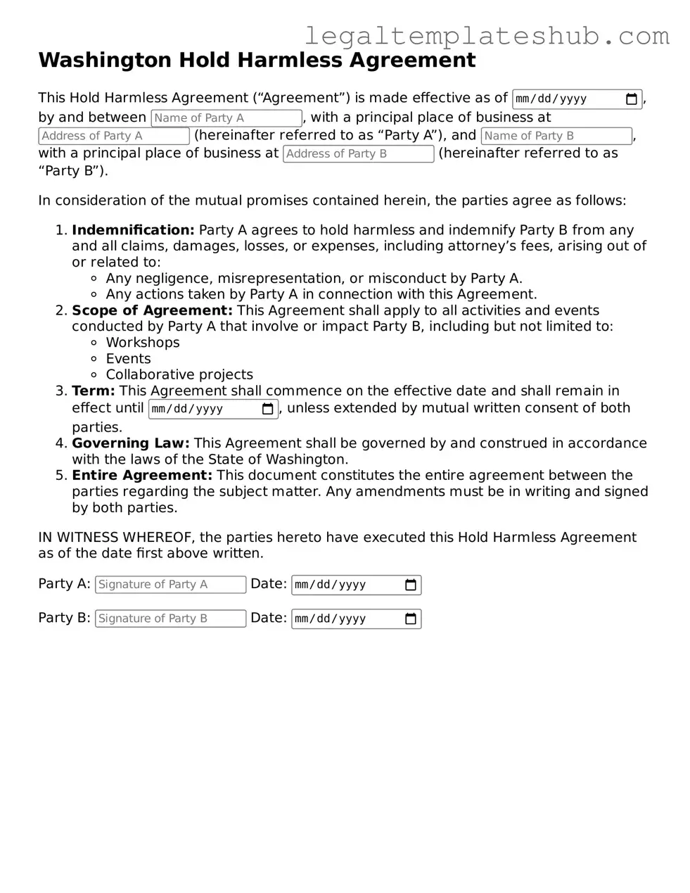 Printable Hold Harmless Agreement Document for Washington