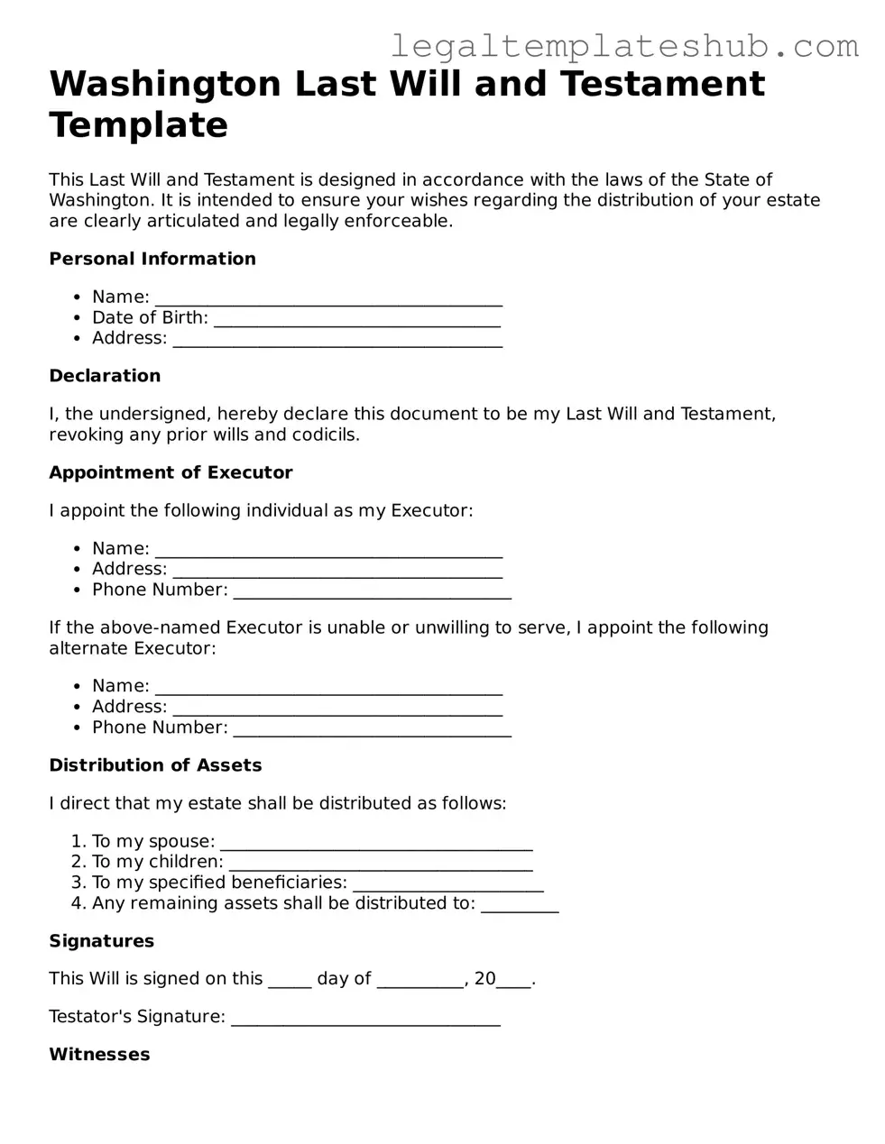 Printable  Last Will and Testament Document for Washington
