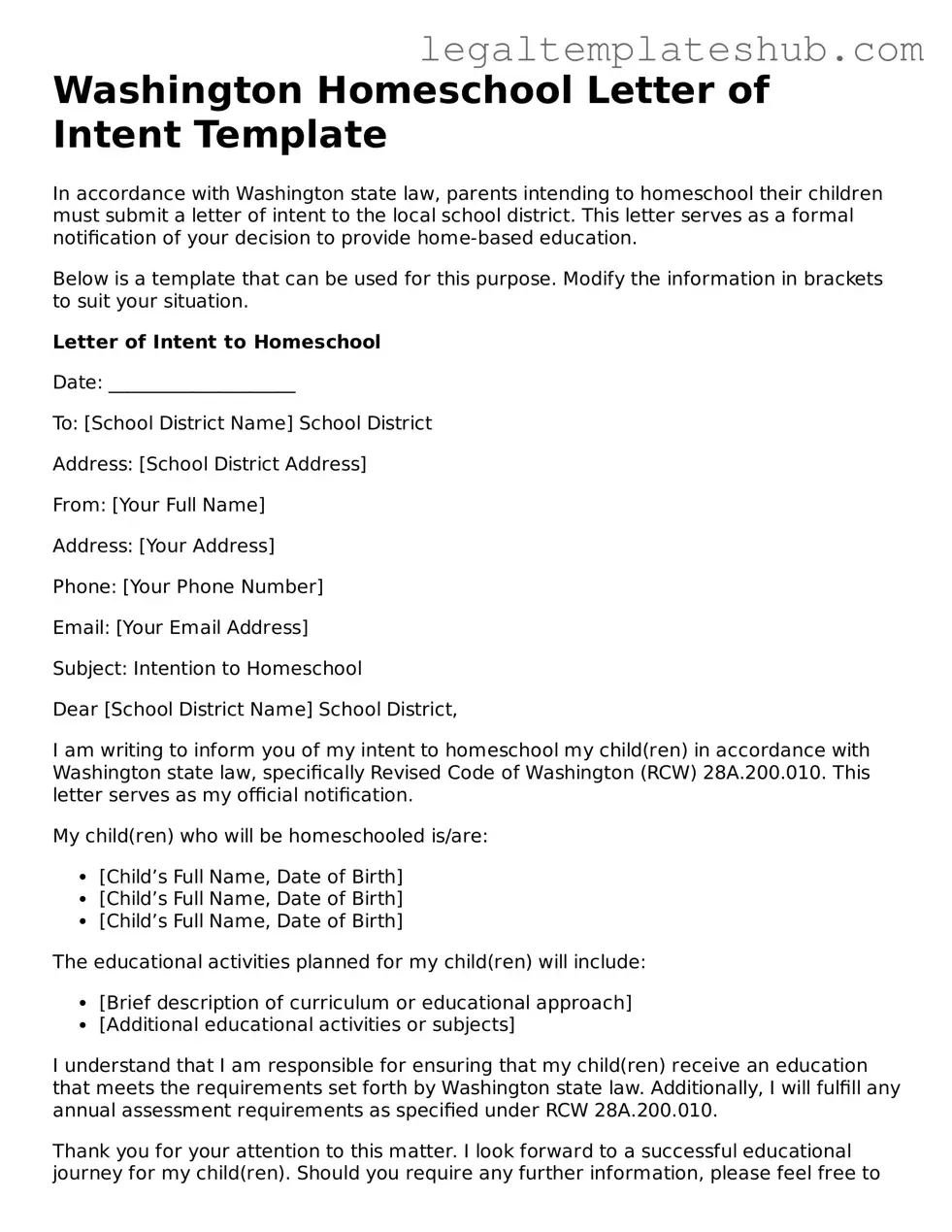 Printable  Homeschool Letter of Intent Document for Washington