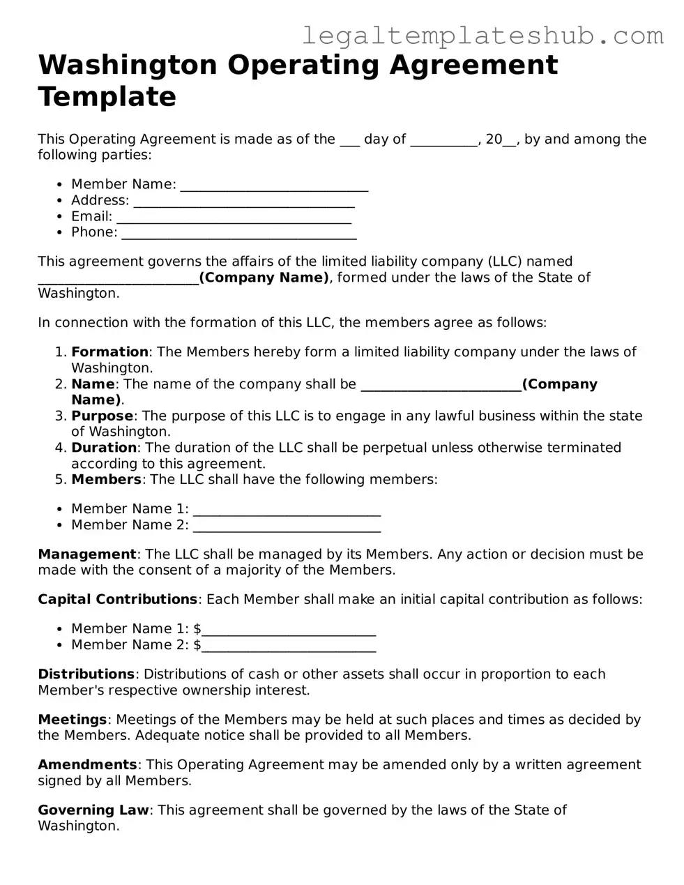 Printable Operating Agreement Document for Washington