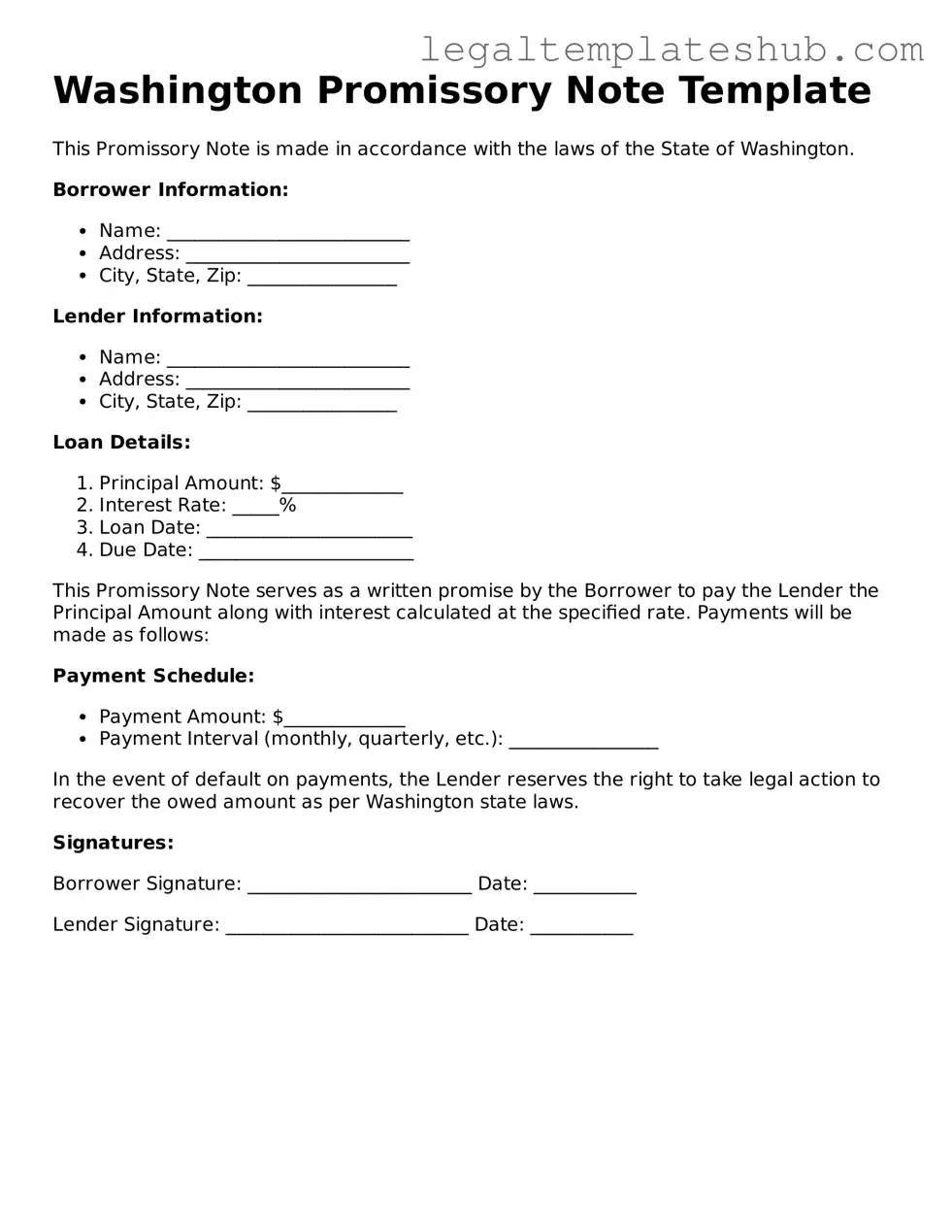 Printable Promissory Note Document for Washington