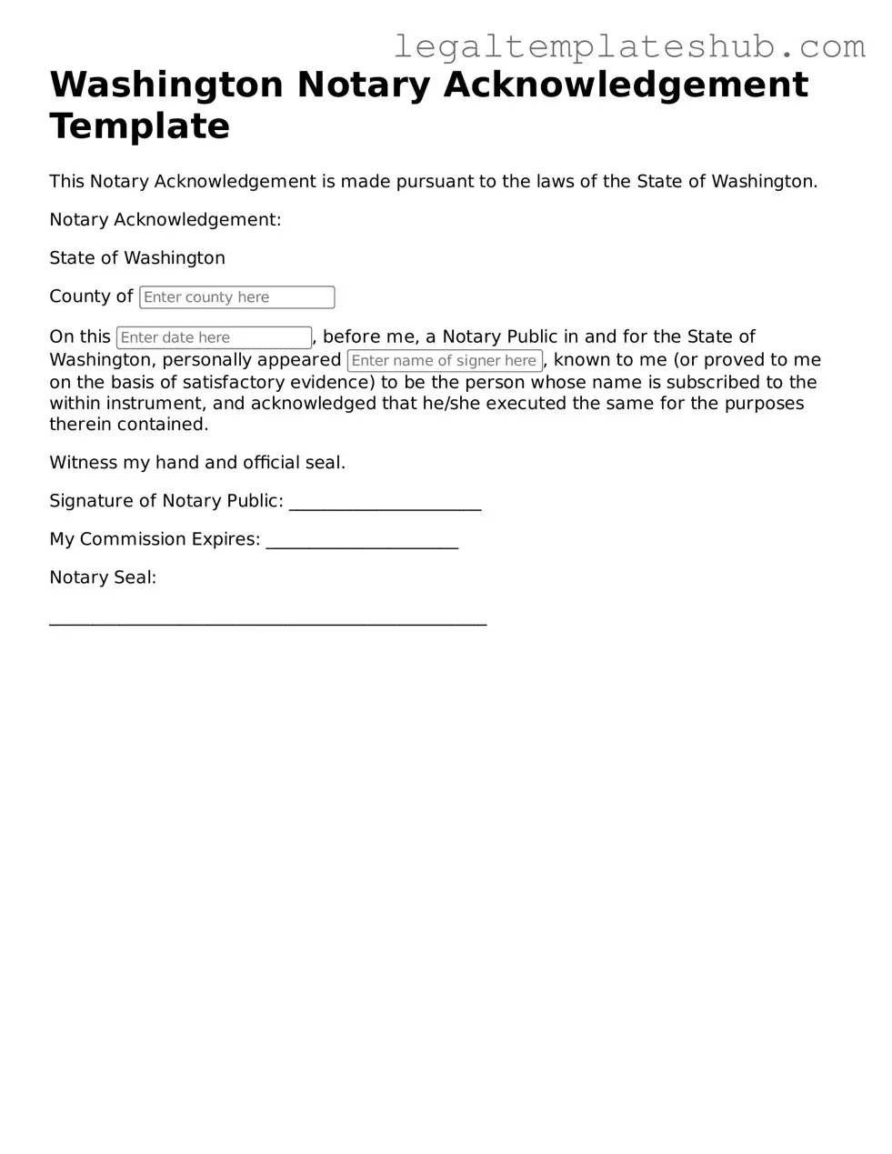 Printable Notary Acknowledgement Document for Washington