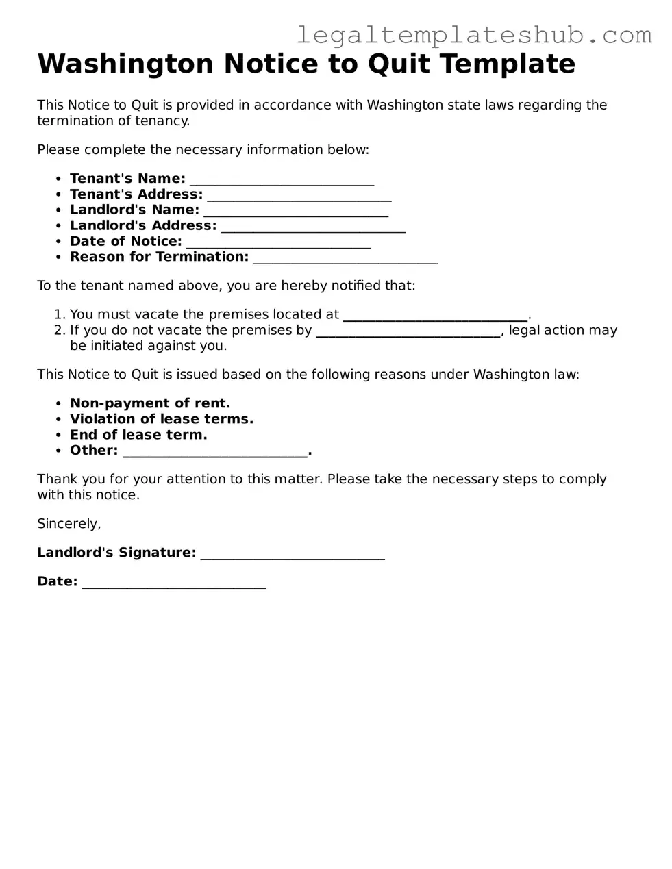 Printable Notice to Quit Document for Washington