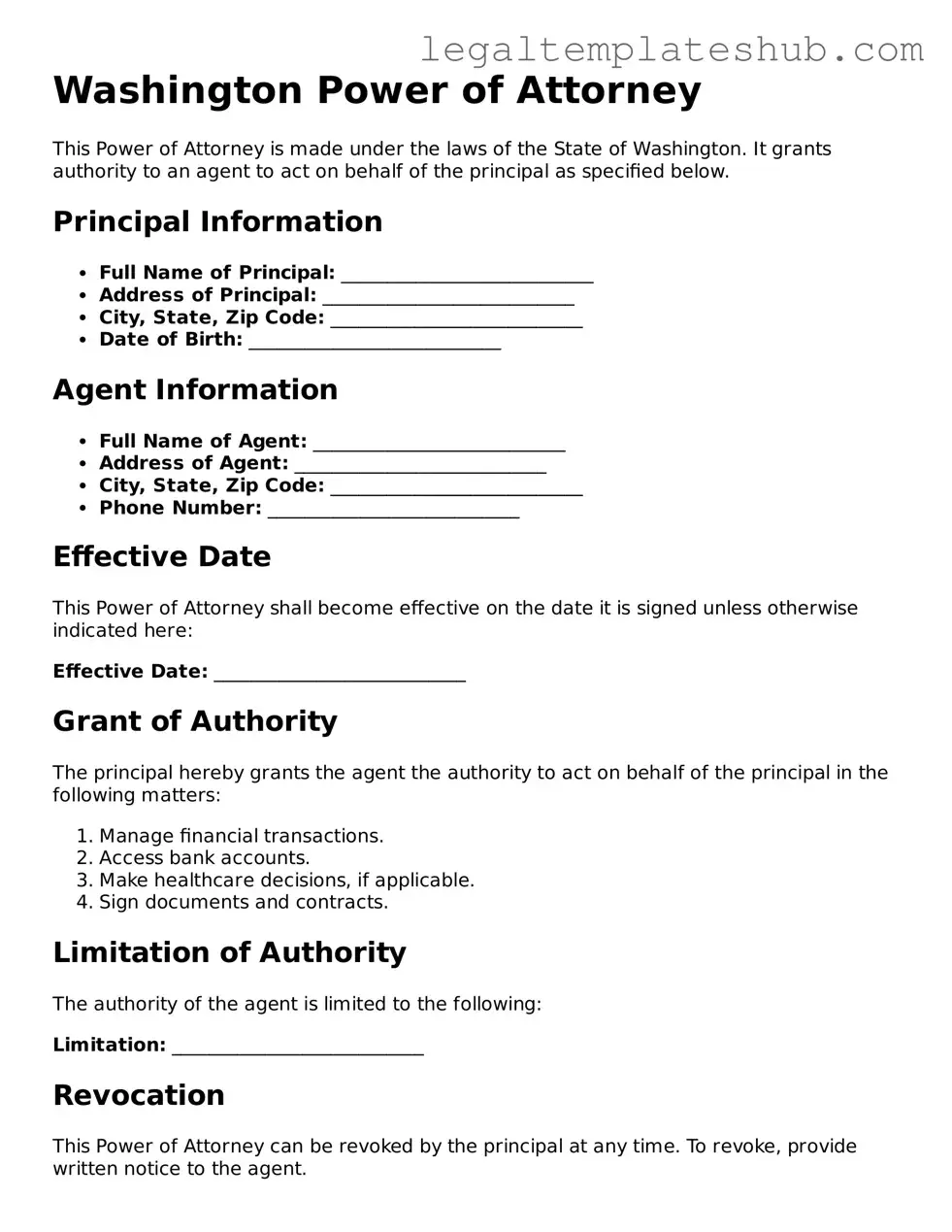 Printable Power of Attorney Document for Washington