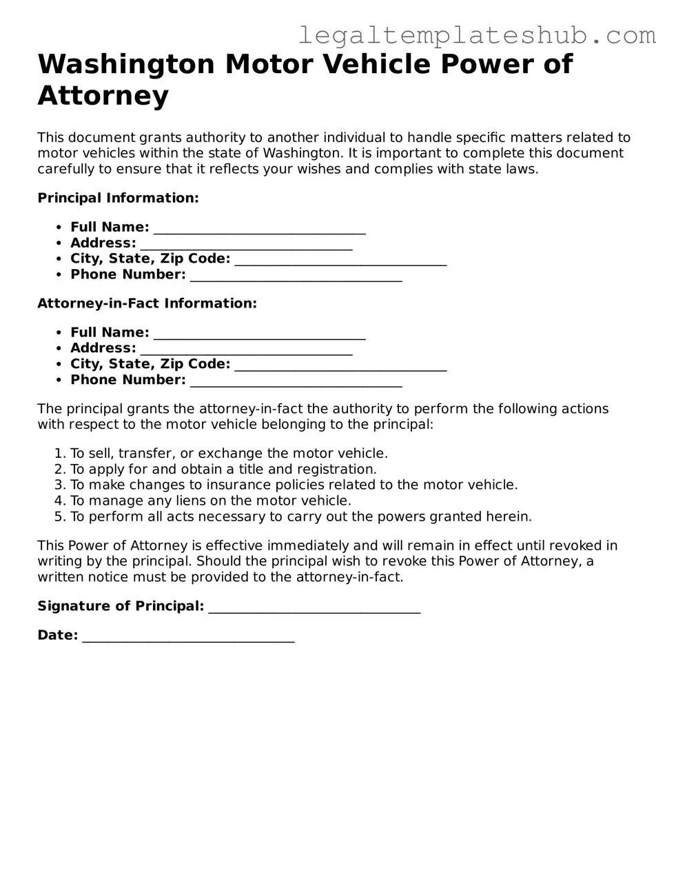 Printable Motor Vehicle Power of Attorney Document for Washington
