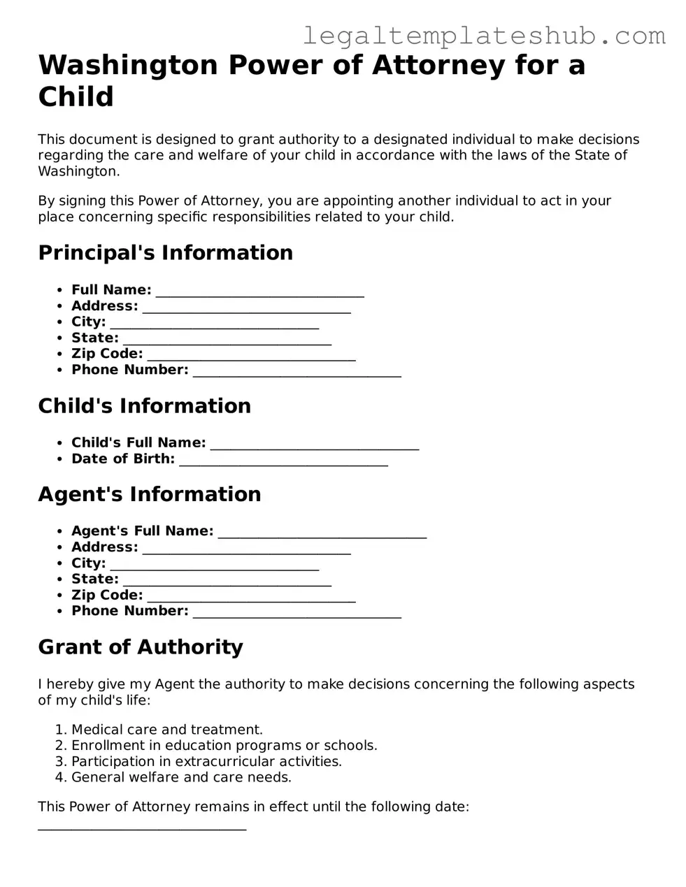 Printable Power of Attorney for a Child Document for Washington