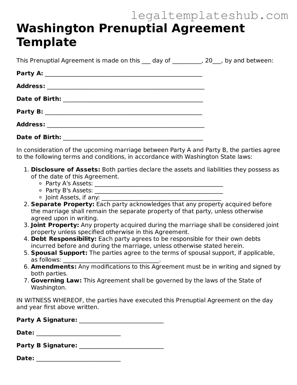 Printable Prenuptial Agreement Document for Washington