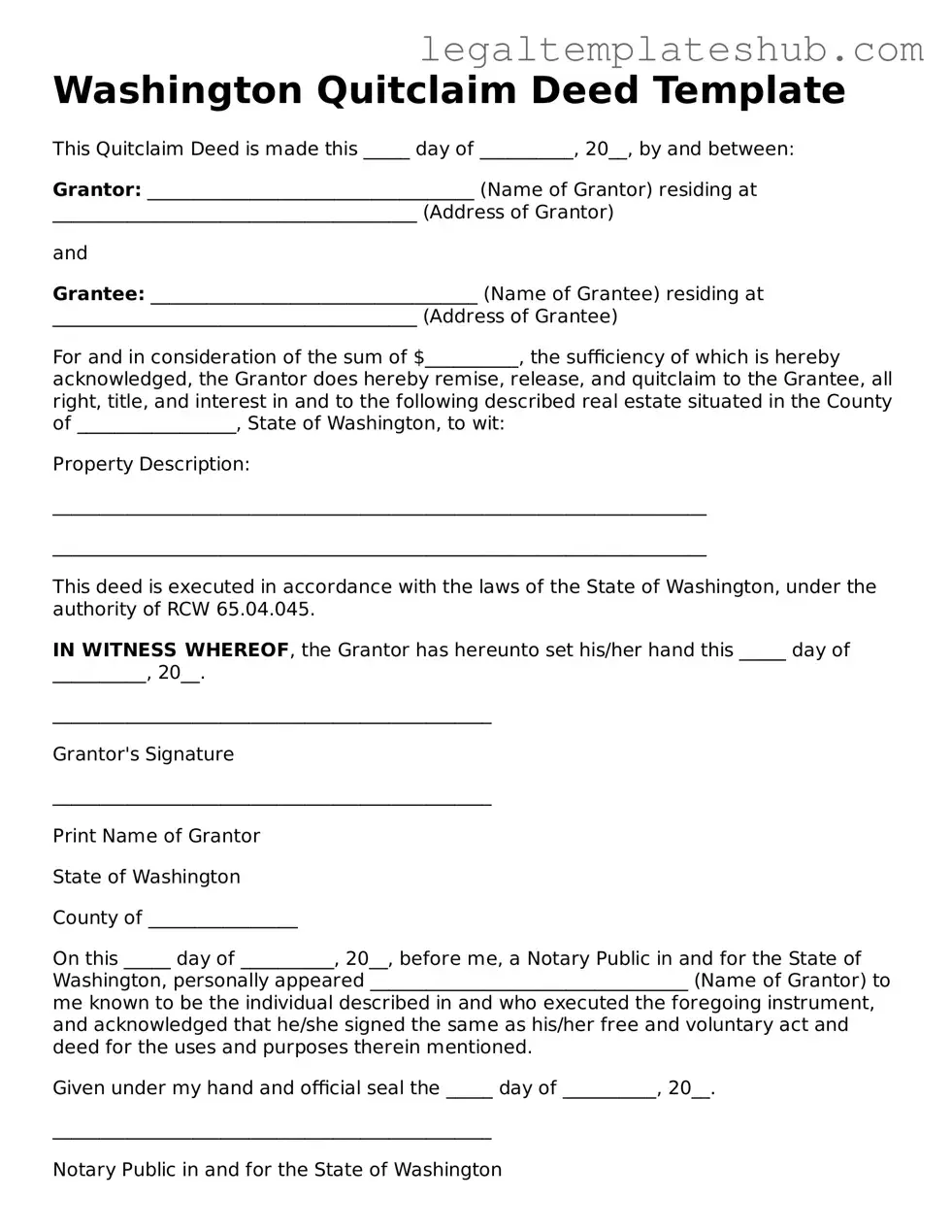 Printable  Quitclaim Deed Document for Washington