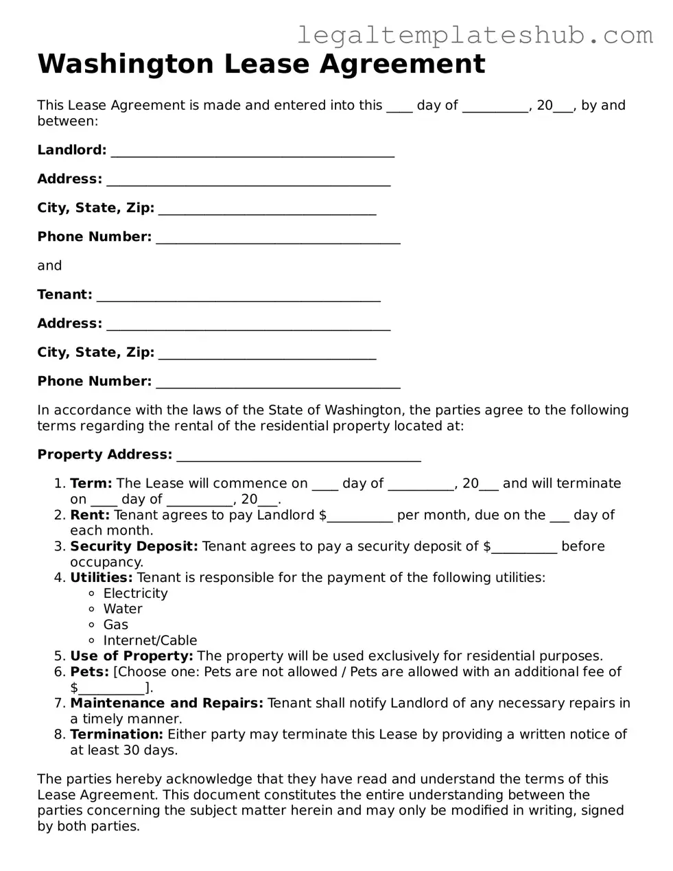 Printable Lease Agreement Document for Washington