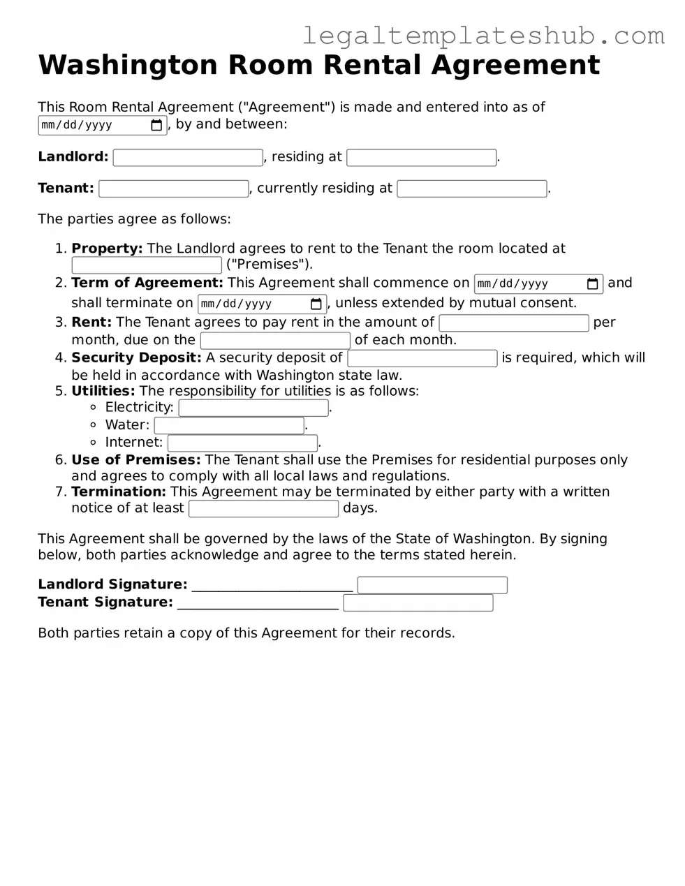 Printable  Room Rental Agreement Document for Washington