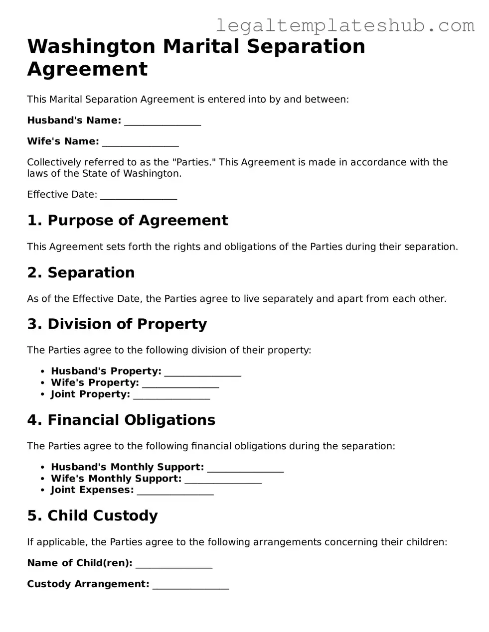 Printable  Marital Separation Agreement Document for Washington
