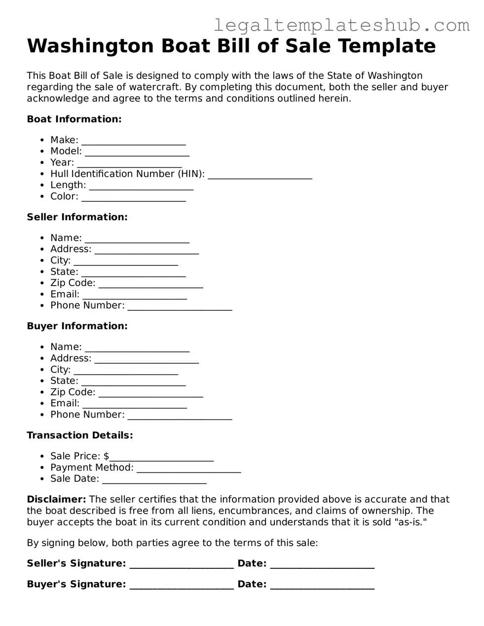Printable  Boat Bill of Sale Document for Washington