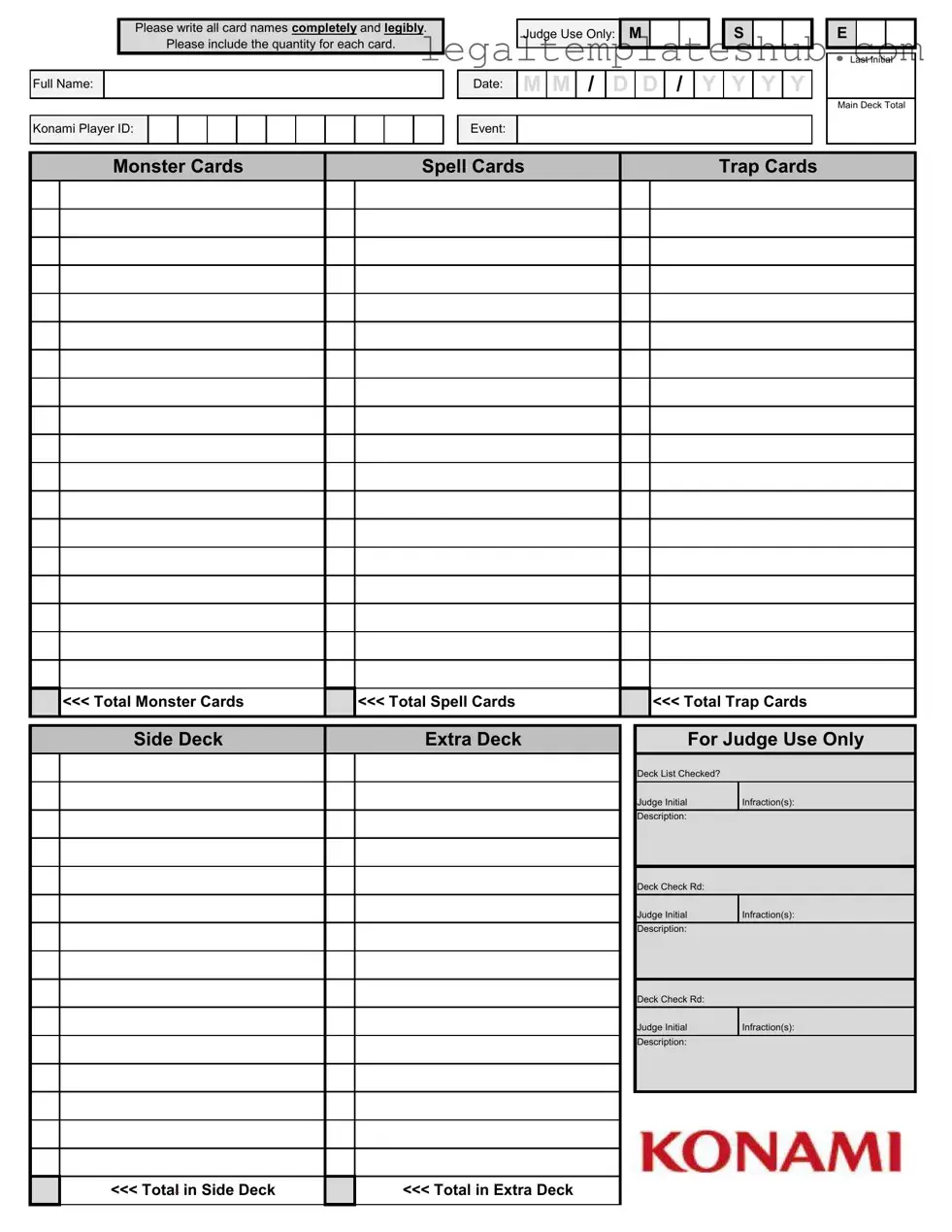Blank Konami Decklist PDF Form